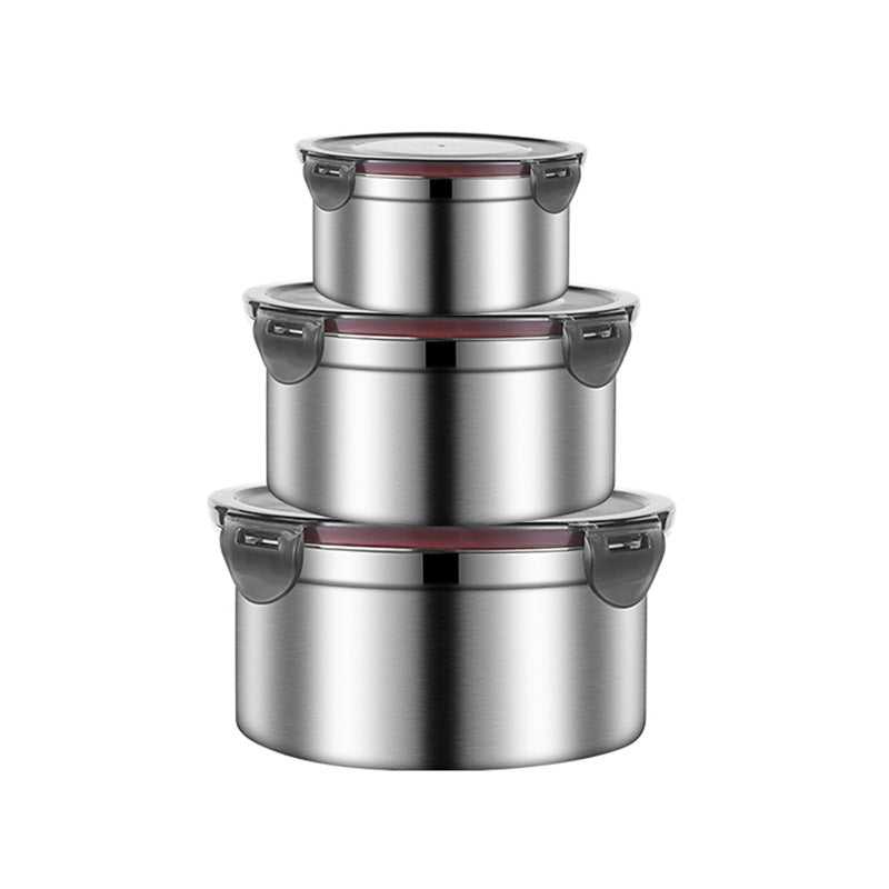 Brown 3-Piece 304 Stainless Steel Food Storage Set with Leak-Proof Lids ??Round Design for Fridge and Meal Prep