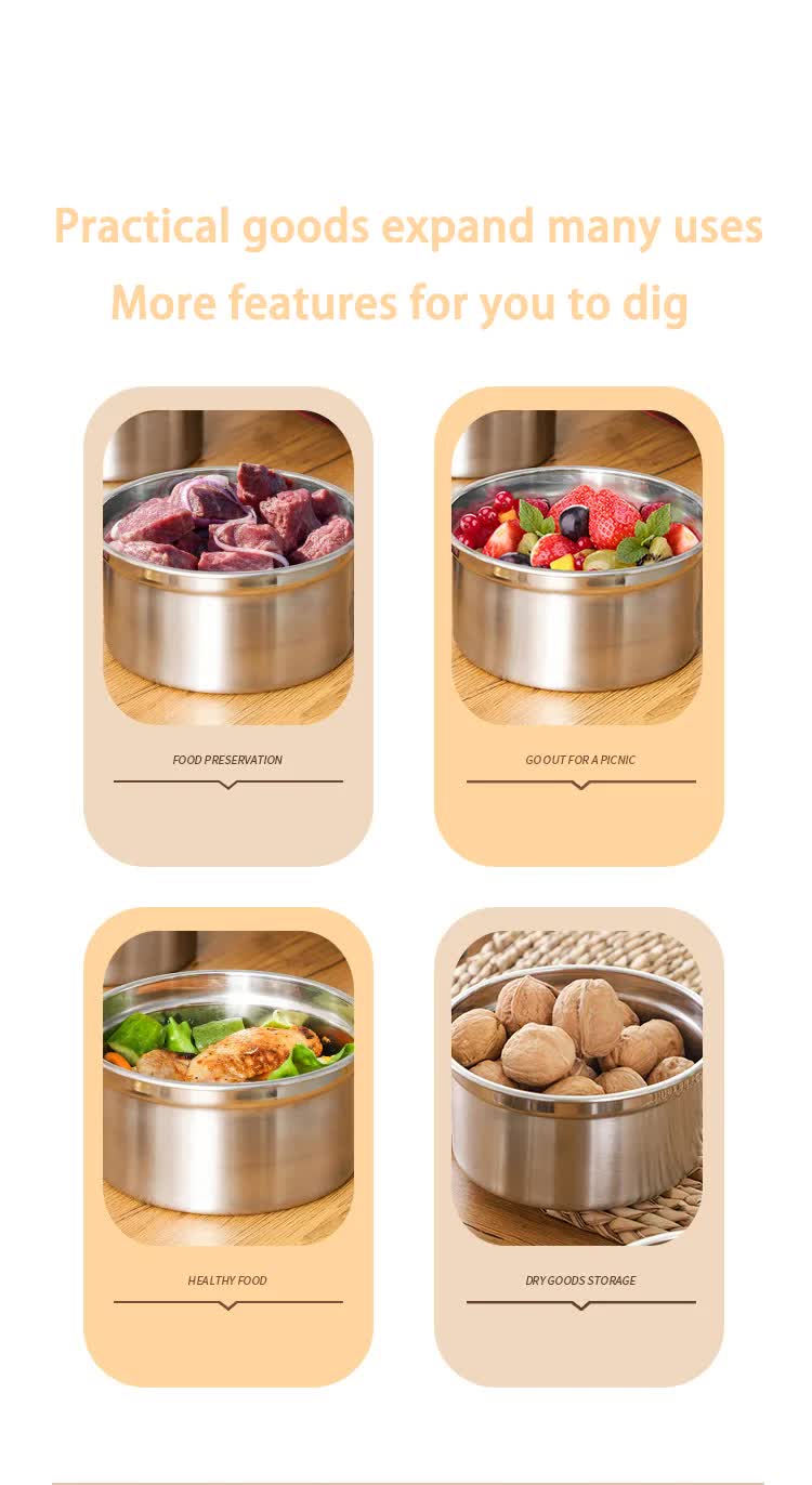 Brown 3-Piece 304 Stainless Steel Food Storage Set with Leak-Proof Lids ??Round Design for Fridge and Meal Prep