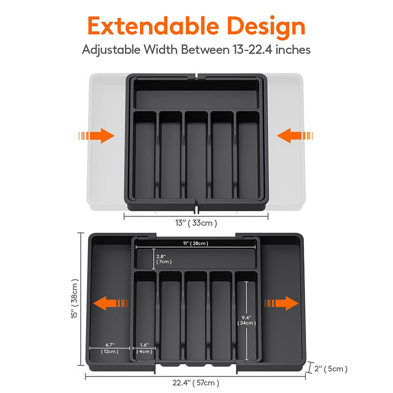 Black Adjustable Polypropylene Kitchen Drawer Organizer ??8 Compartments, Large Capacity, Easy to Clean