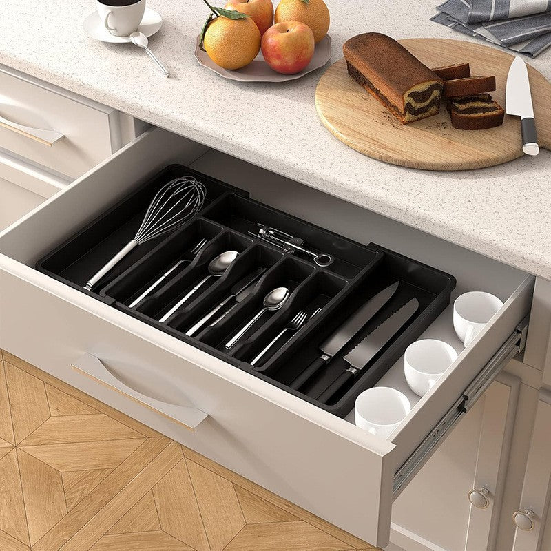 Black Adjustable Polypropylene Kitchen Drawer Organizer ??8 Compartments, Large Capacity, Easy to Clean