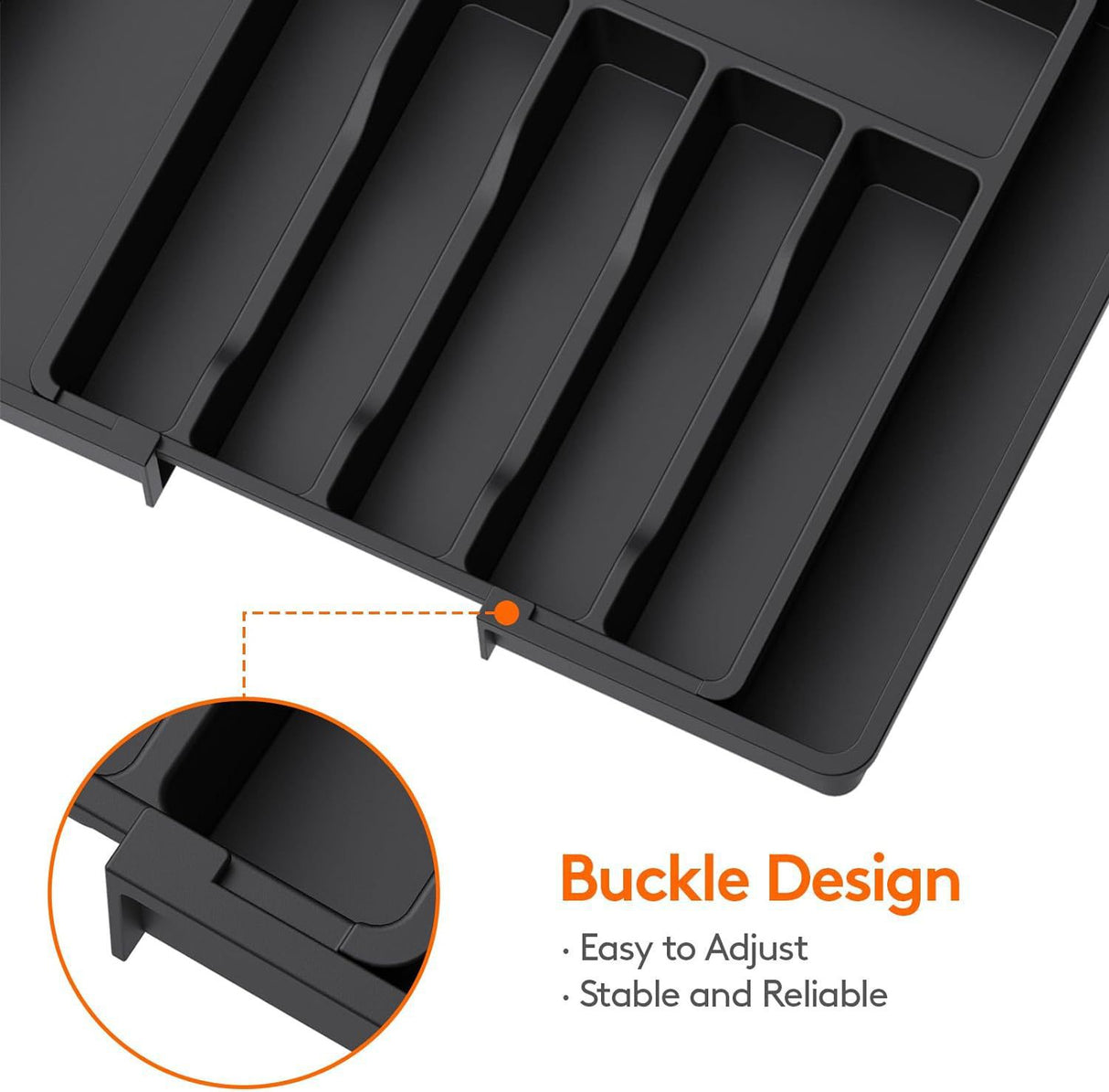 Black Adjustable Polypropylene Kitchen Drawer Organizer ??8 Compartments, Large Capacity, Easy to Clean