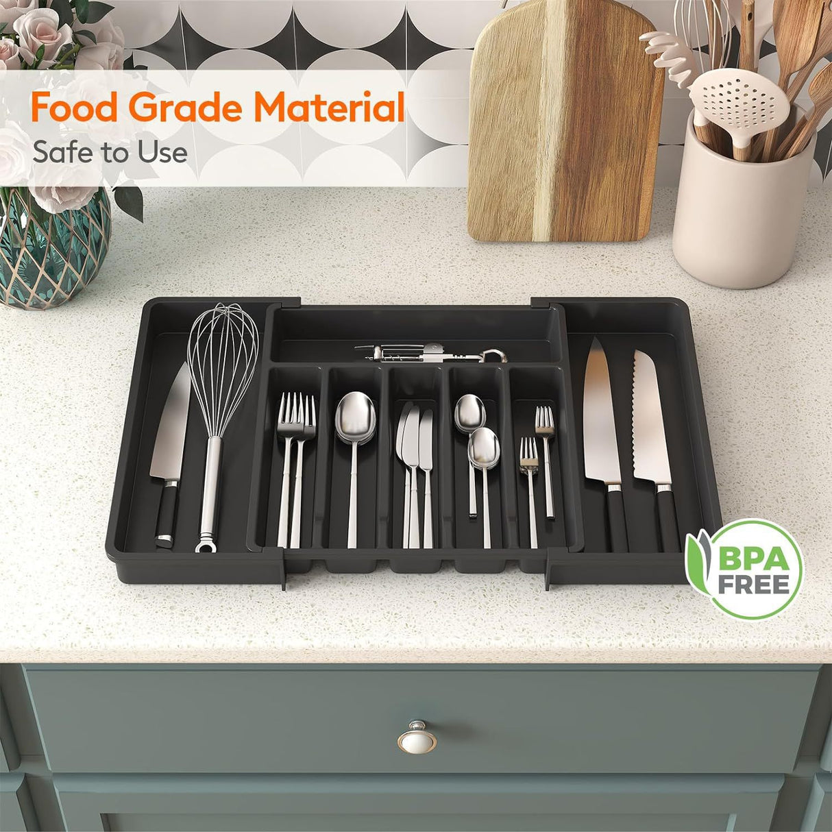 Black Adjustable Polypropylene Kitchen Drawer Organizer ??8 Compartments, Large Capacity, Easy to Clean