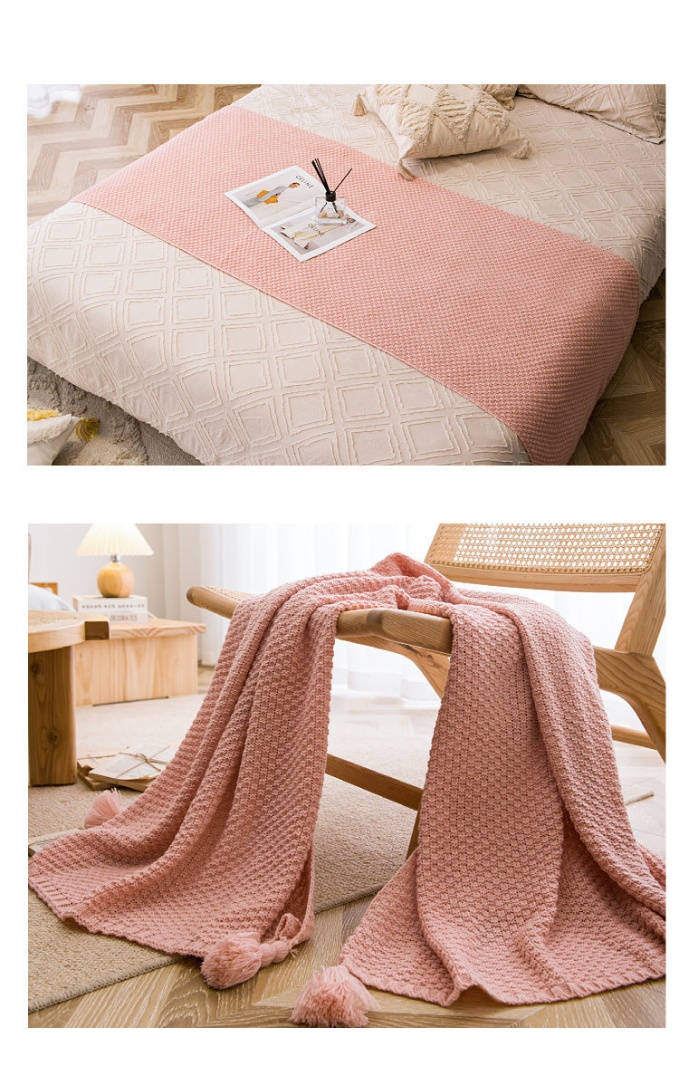 Beige 110cm x 150cm Soft Tassel Throw Blanket for Sofa or Bed, Cozy Casual Blanket for Office Nap, Minimalist Bed End Cover