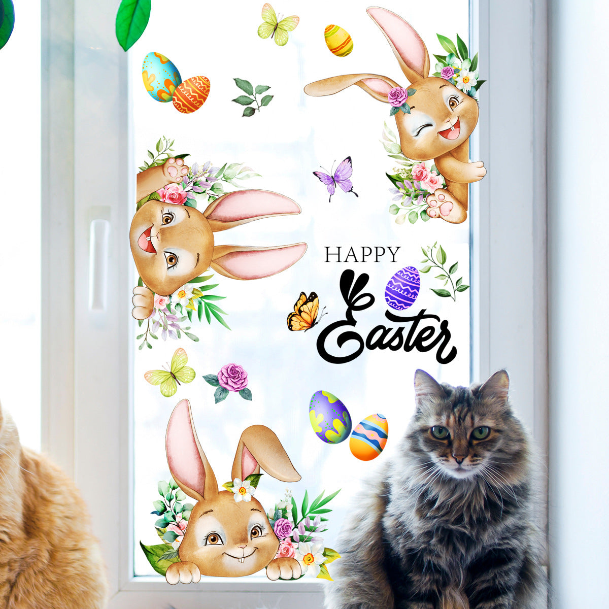 3 Sheet, Creative Easter Bunny & Egg Window Decal - Adhesive Wall Stickers for Living Room & Bedroom (60cm x 30cm)