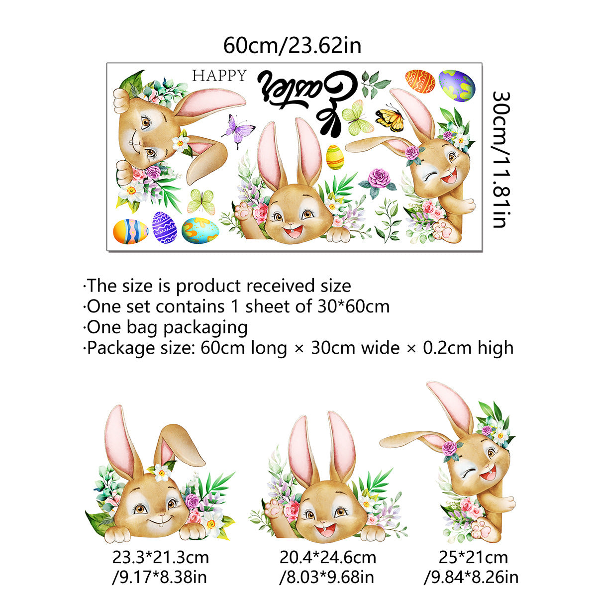 3 Sheet??Creative Easter Bunny & Egg Window Decal - Adhesive Wall Stickers for Living Room & Bedroom (60cm x 30cm)