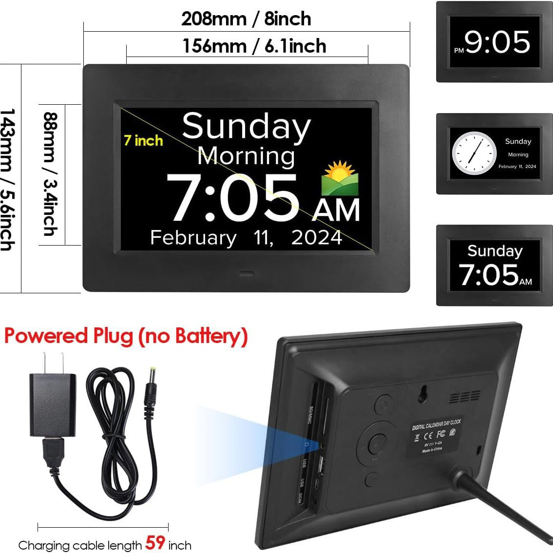 Black Crystal Clear 7-Inch Digital Day Clock with Auto Dimming & Voice Assist - Perfect for Seniors