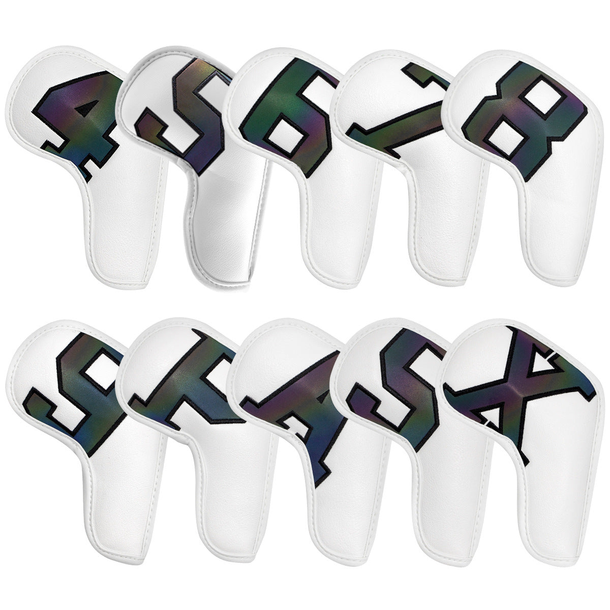 White covers with Laser numbers, Premium PU Leather Golf Iron Headcover Set (10pcs) | Numbered 4-9, P, S, A, X | Protective Club Covers for Irons