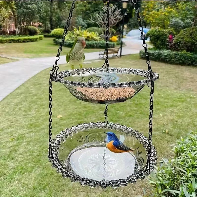 2 Set Grey Elegant Hanging Glass Bird Feeder - Double Tier for Garden Birds