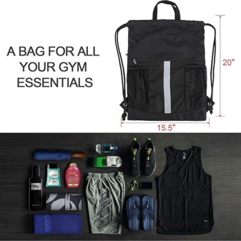 Black Multi-Pocket Drawstring Backpack Gym Bag with Zipper Compartments, Bottle Holders & Reflective Strip