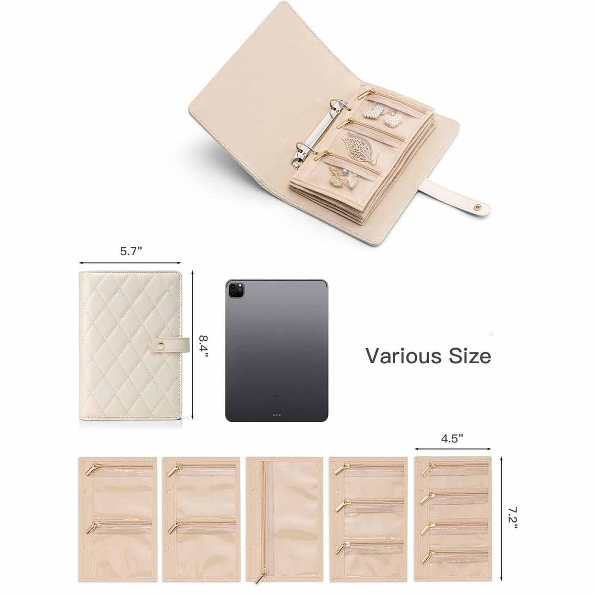 White Elegant Quilted Travel Jewelry Organizer Binder - Portable Loose-Leaf Storage Book with Clear Zipper Pockets for Earrings, Necklaces, Rings