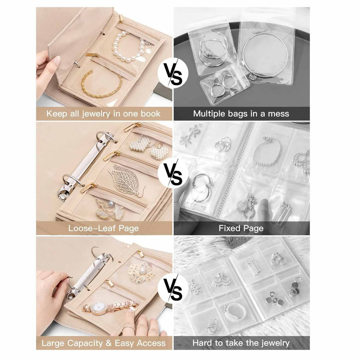 White Elegant Quilted Travel Jewelry Organizer Binder - Portable Loose-Leaf Storage Book with Clear Zipper Pockets for Earrings, Necklaces, Rings