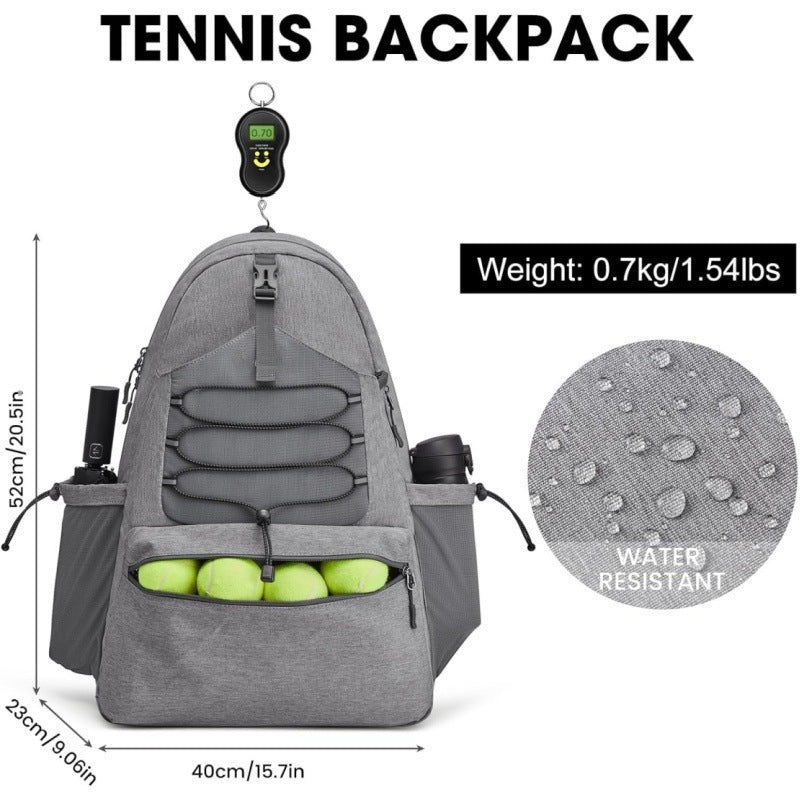 Grey Lightweight Water Resistant Tennis Backpack - Multi-Pocket Sports Bag for Rackets, Balls & Gear