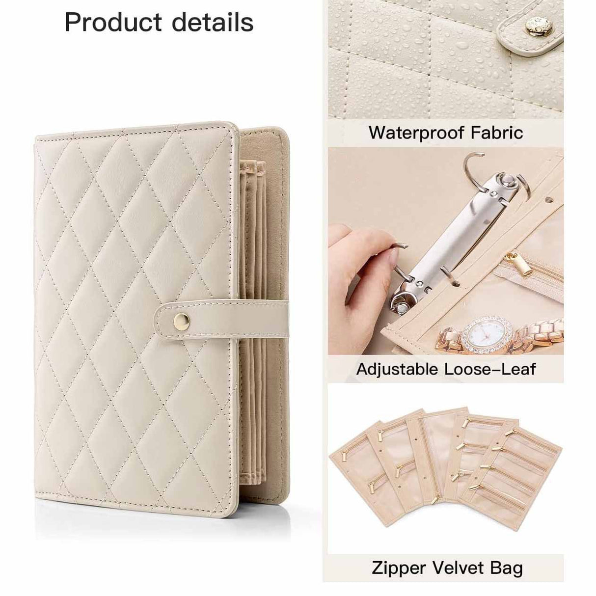 Black Elegant Quilted Travel Jewelry Organizer Binder - Portable Loose-Leaf Storage Book with Clear Zipper Pockets for Earrings, Necklaces, Rings