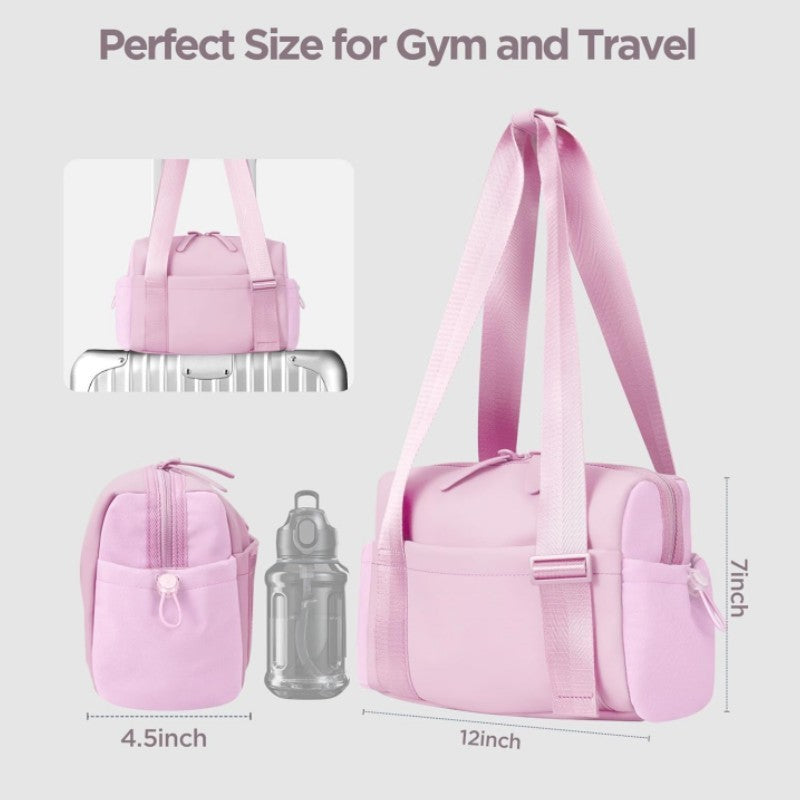 Stylish Black Mini Gym Bag & Travel Tote - Compact Duffel with Wet Pocket, Luggage Sleeve & Multiple Compartments