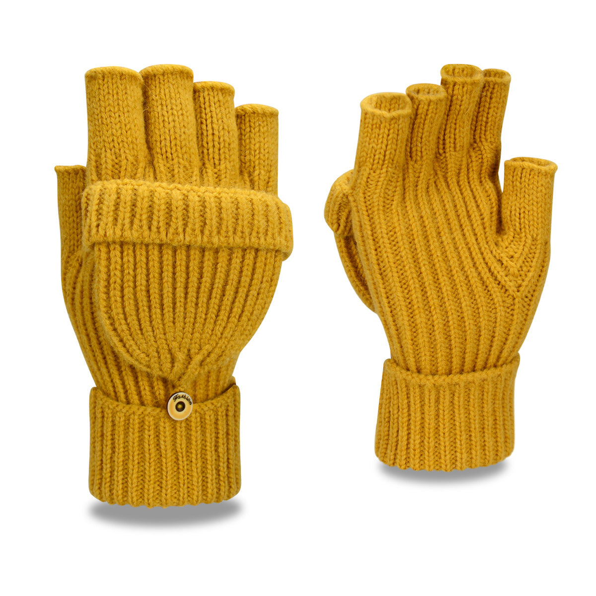 Yellow Winter Convertible Mittens - Warm Knitted 2-in-1 Fingerless Gloves with Flip Top Cover for Cold Weather