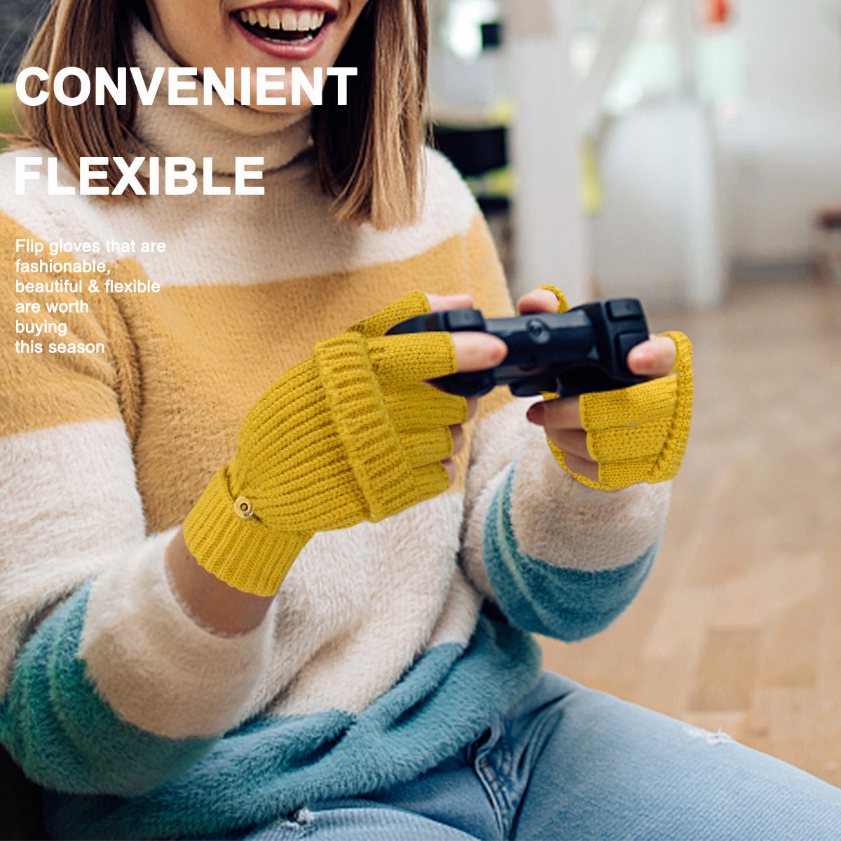 Yellow Winter Convertible Mittens - Warm Knitted 2-in-1 Fingerless Gloves with Flip Top Cover for Cold Weather