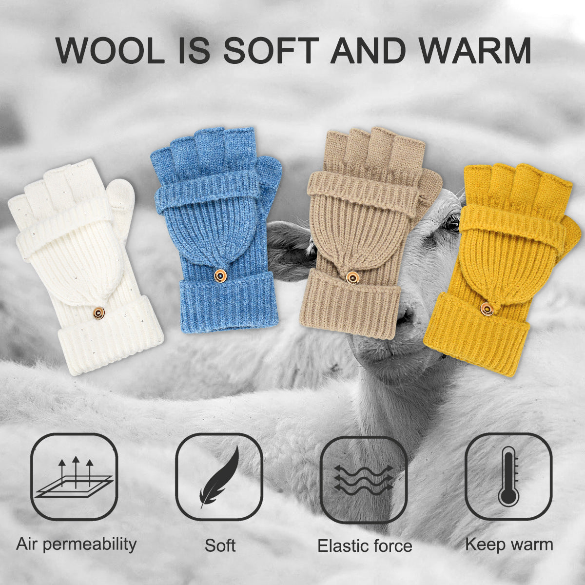 Yellow Winter Convertible Mittens - Warm Knitted 2-in-1 Fingerless Gloves with Flip Top Cover for Cold Weather
