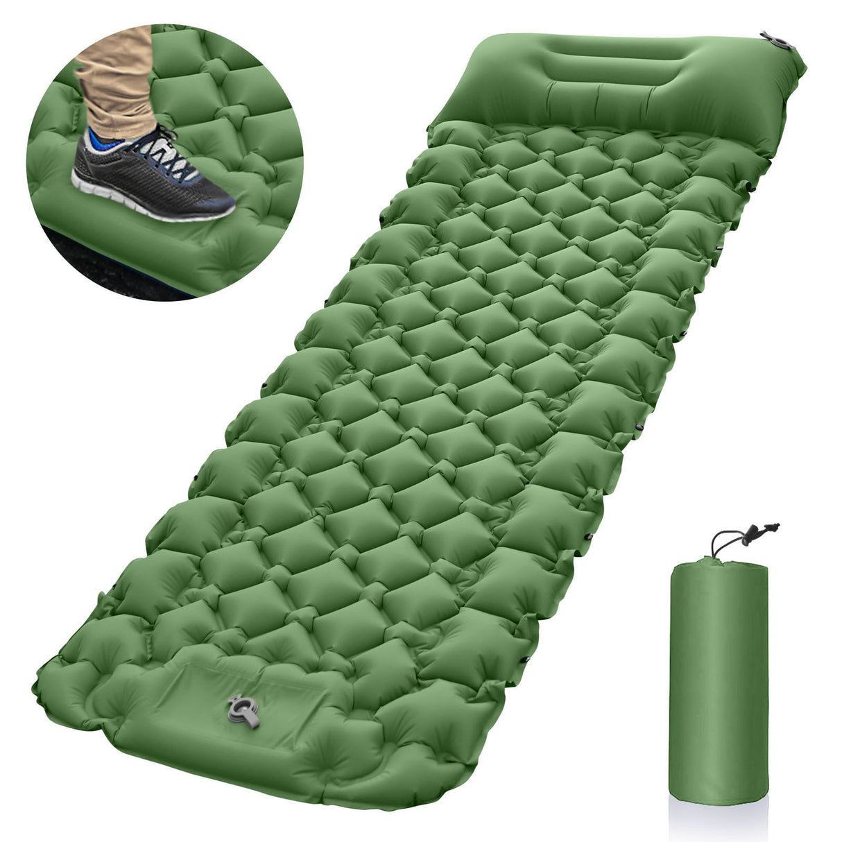 Green Portable Outdoor Inflatable Mat - Foot-Operated Camping Sleeping Pad