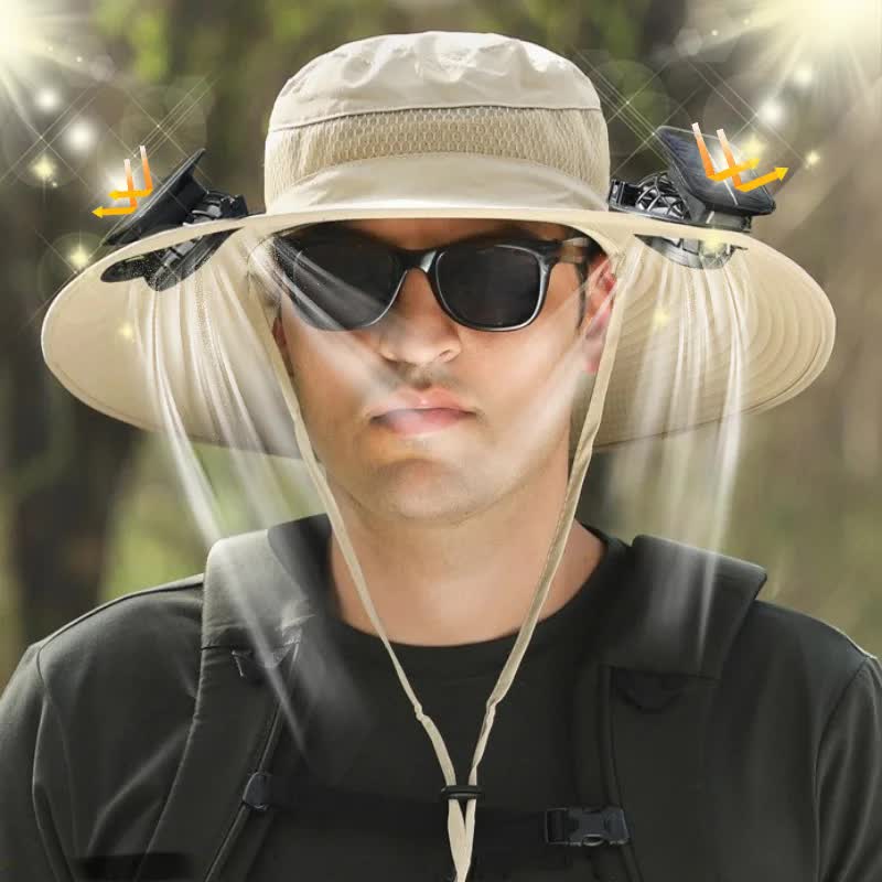 Grey Outdoor Sun Hat with Solar Fan Wide Brim 12cm - Rechargeable Cooling Cap for Fishing Hiking & Gardening - Adjustable 56-60cm