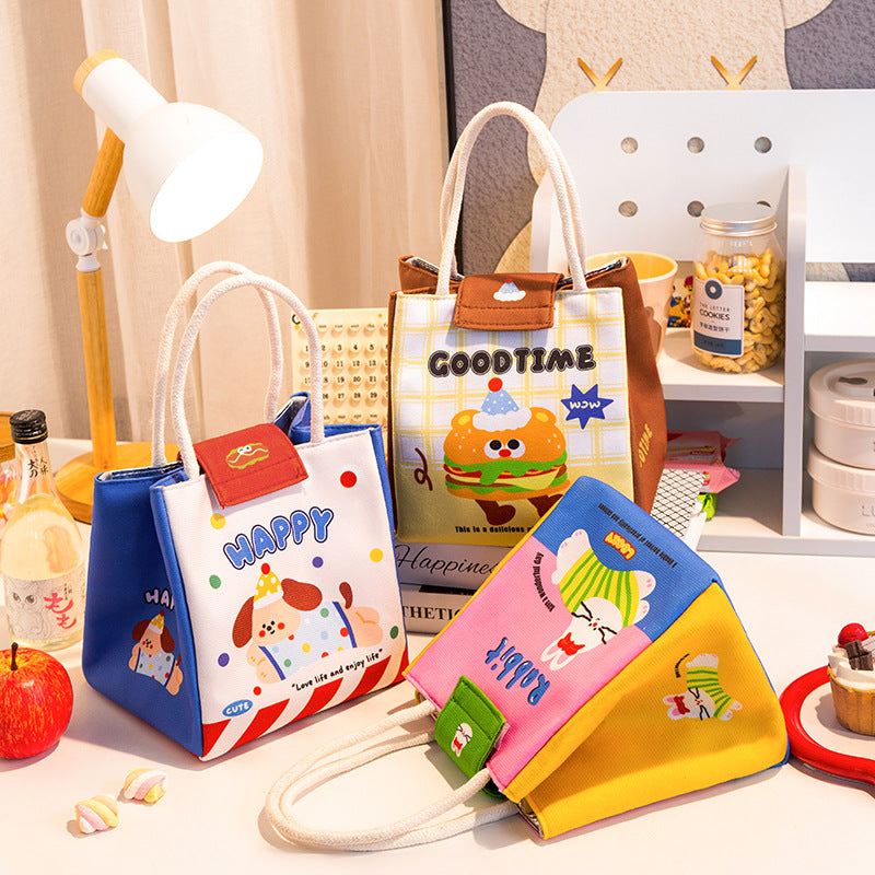 3 PCS Cute Cartoon Large Capacity Lunch Bag - Portable Soft Handbag for School and Office - Reusable Picnic Food Storage Pouch with Comfortable Rope Handles