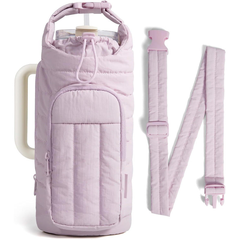 purple Quilted Water Bottle Carrier Bag with Large Phone Pocket - Insulated Tumbler Pouch with Adjustable Shoulder Strap - Crossbody Water Bottle Holder for18oz to 64ozTumblers, Gym, and Travel