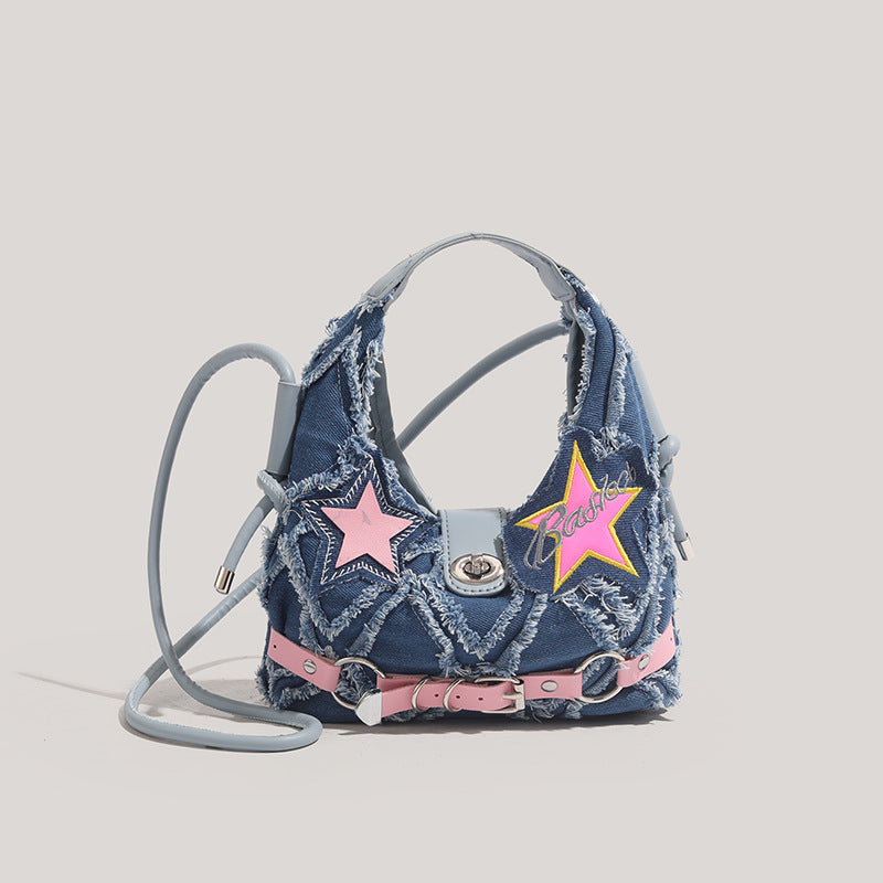 Trendy Denim Crescent Bag - Distressed Star Punk Style Crossbody Handbag - Chic Small Hobo Bag for Women - Spicy Girl Streetwear Aesthetic