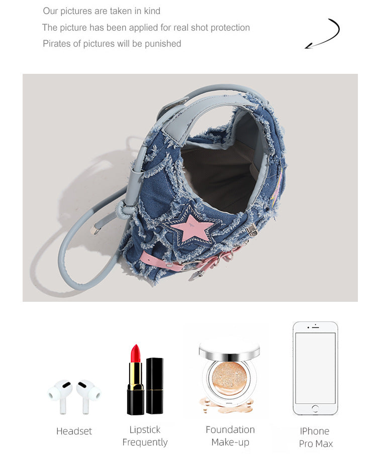 Trendy Denim Crescent Bag - Distressed Star Punk Style Crossbody Handbag - Chic Small Hobo Bag for Women - Spicy Girl Streetwear Aesthetic