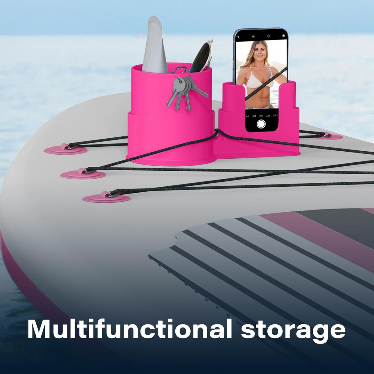4 PCS Professional Paddle Board Cup Holder and Phone Mount - Universal SUP Kayak Beverage Station with Anti-Spill Design - Multi-Functional Water Sports Accessory for Bungee Deck Rigging