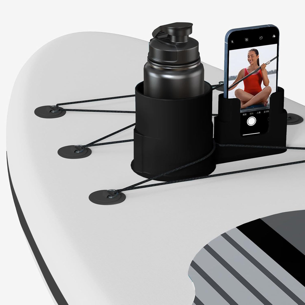 4 PCS Professional Paddle Board Cup Holder and Phone Mount - Universal SUP Kayak Beverage Station with Anti-Spill Design - Multi-Functional Water Sports Accessory for Bungee Deck Rigging