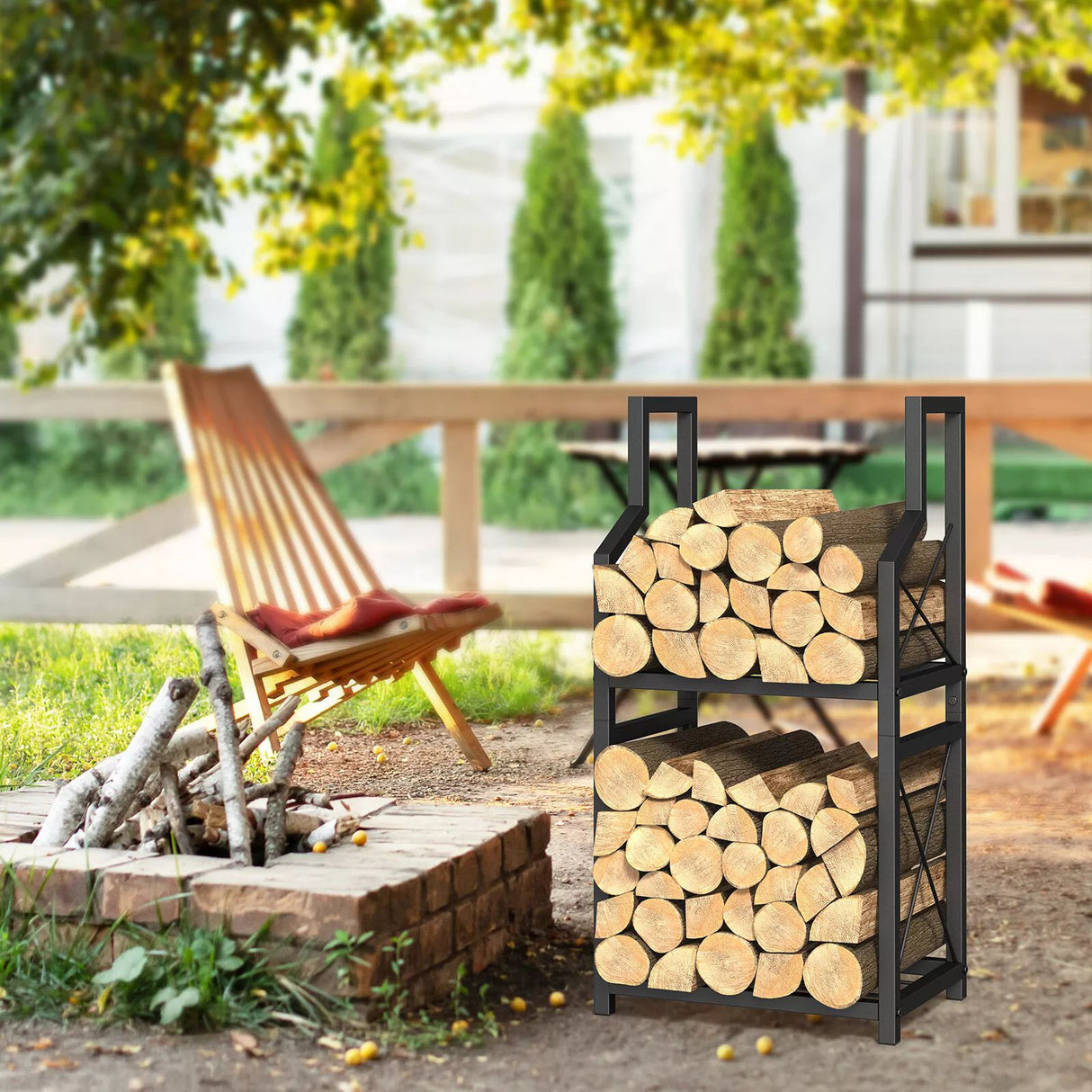Heavy Duty 2-Tier Firewood Rack - Vertical Log Holder for Indoor Fireplace and Outdoor Fire Pit - Modern Metal Wood Storage Organizer for Camping, Patio, and Living Room