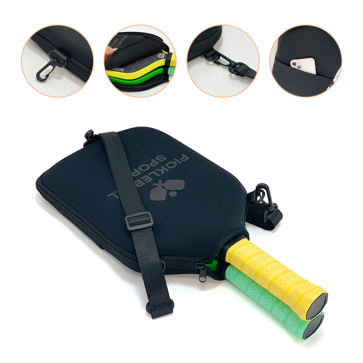 SA01 Black Neoprene Pickleball Paddle Cover (racket not included) - Protective Crossbody Bag with Adjustable Shoulder Strap and Fence Hook - Universal Lightweight Paddle Case for All Skill Levels