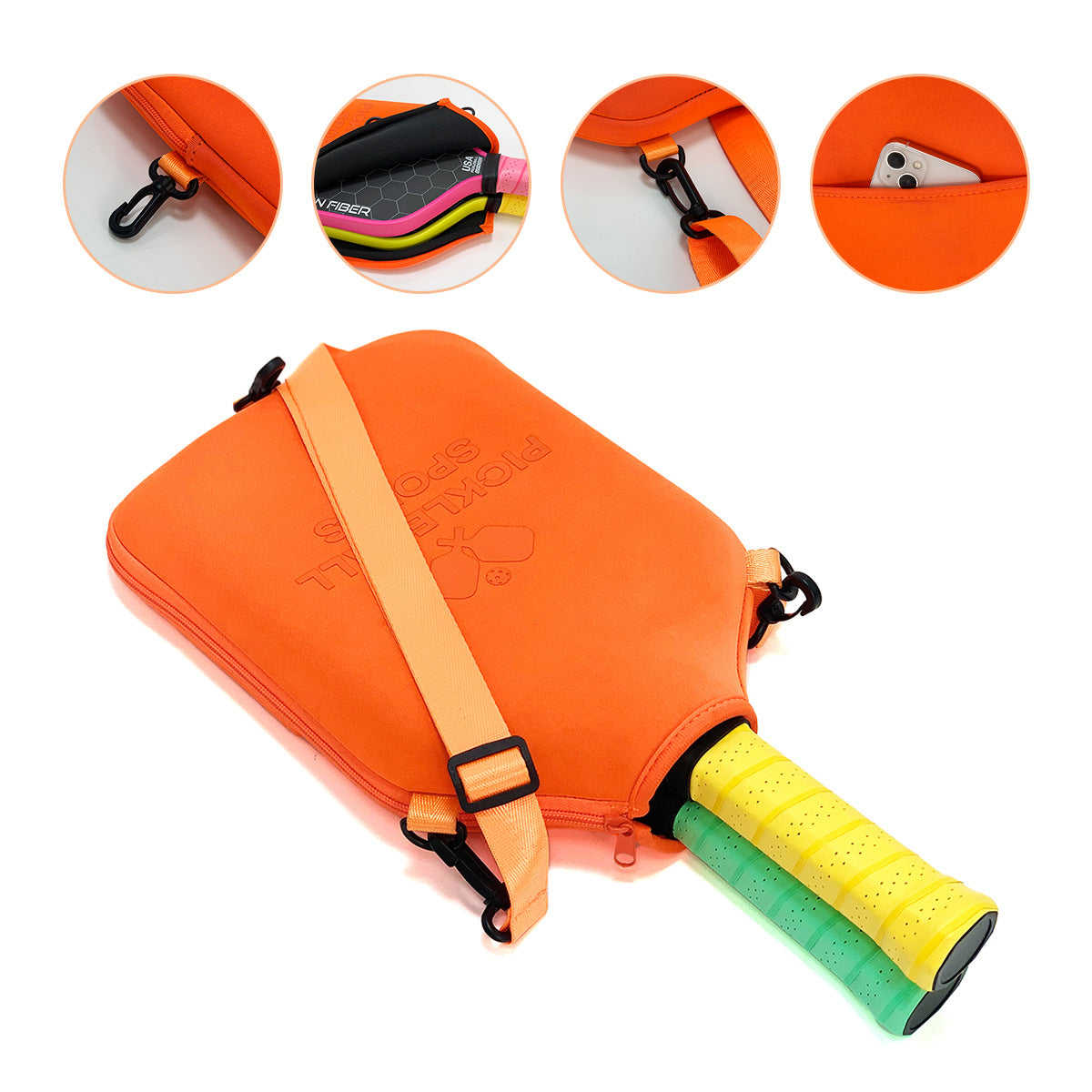 SA02 Orange Neoprene Pickleball Paddle Cover (racket not included) - Protective Crossbody Bag with Adjustable Shoulder Strap and Fence Hook - Universal Lightweight Paddle Case for All Skill Levels