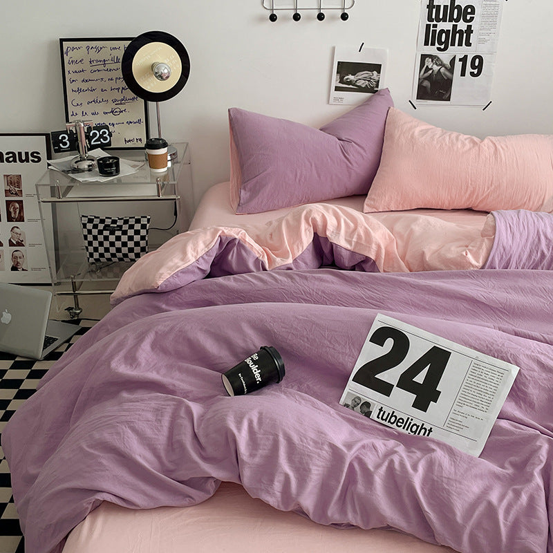 Pink-purple 1.5m Bed Fitted Sheet Set with 200x230cm Duvet Cover - 4-Piece Bedding Set
