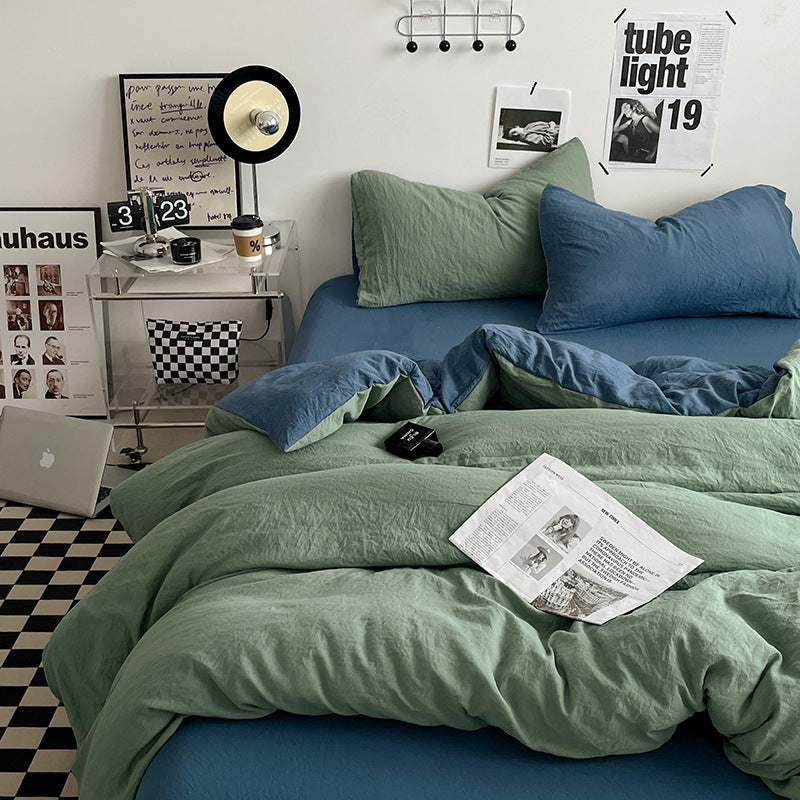 Green-blue 1.5m Bed Fitted Sheet Set with 200x230cm Duvet Cover - 4-Piece Bedding Set