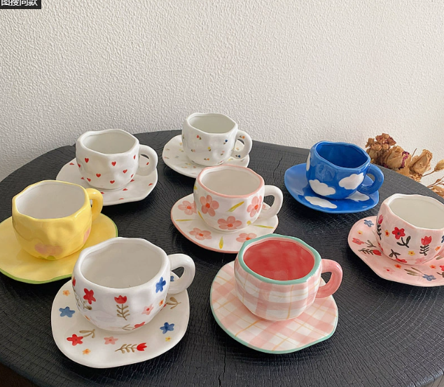 Pink Background Large Floral 300ML Underglaze Hand-Pinched Cup and Saucer Set - Ceramic Coffee Mug Milk Cup Breakfast Set