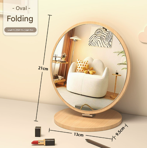 Oval Folding Mirror Tabletop Makeup Mirror - Large Wooden Swivel Vanity Mirror for Desk