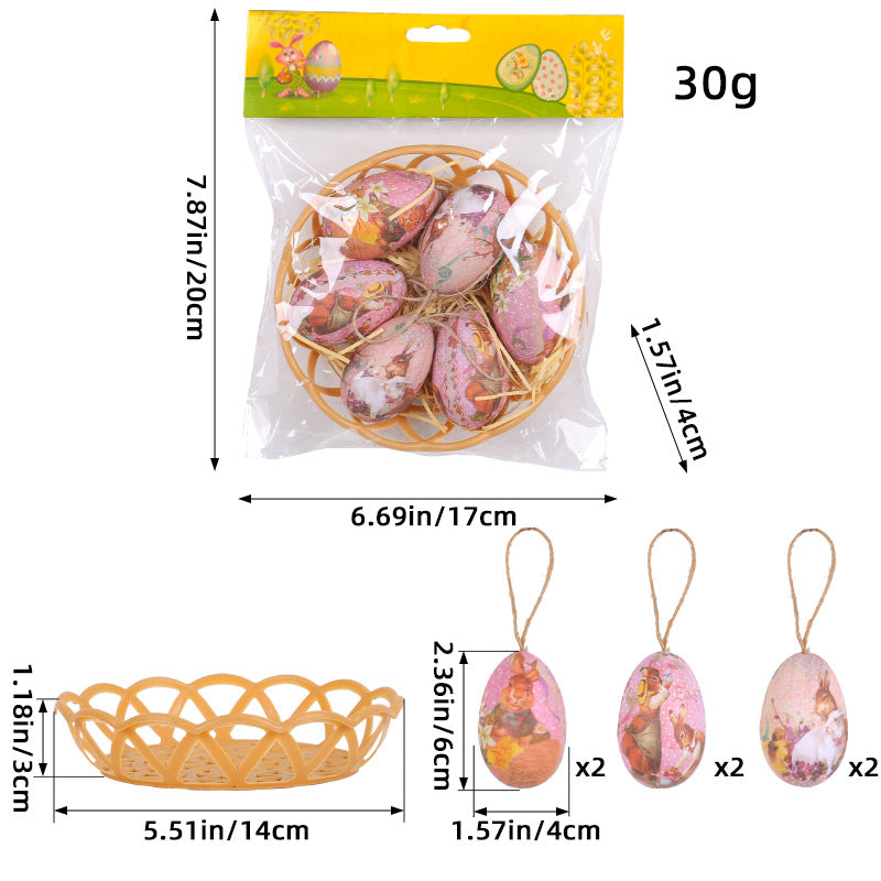 Two Rabbits Five Sets Of Six Each Easter Egg Hanging Ornament Set with Creative Woven Basket - Festive Decor for Home Scenes