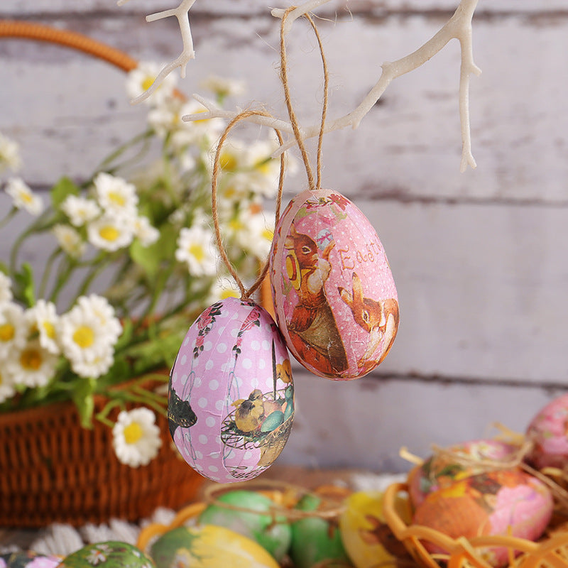 Two Rabbits Five Sets Of Six Each Easter Egg Hanging Ornament Set with Creative Woven Basket - Festive Decor for Home Scenes