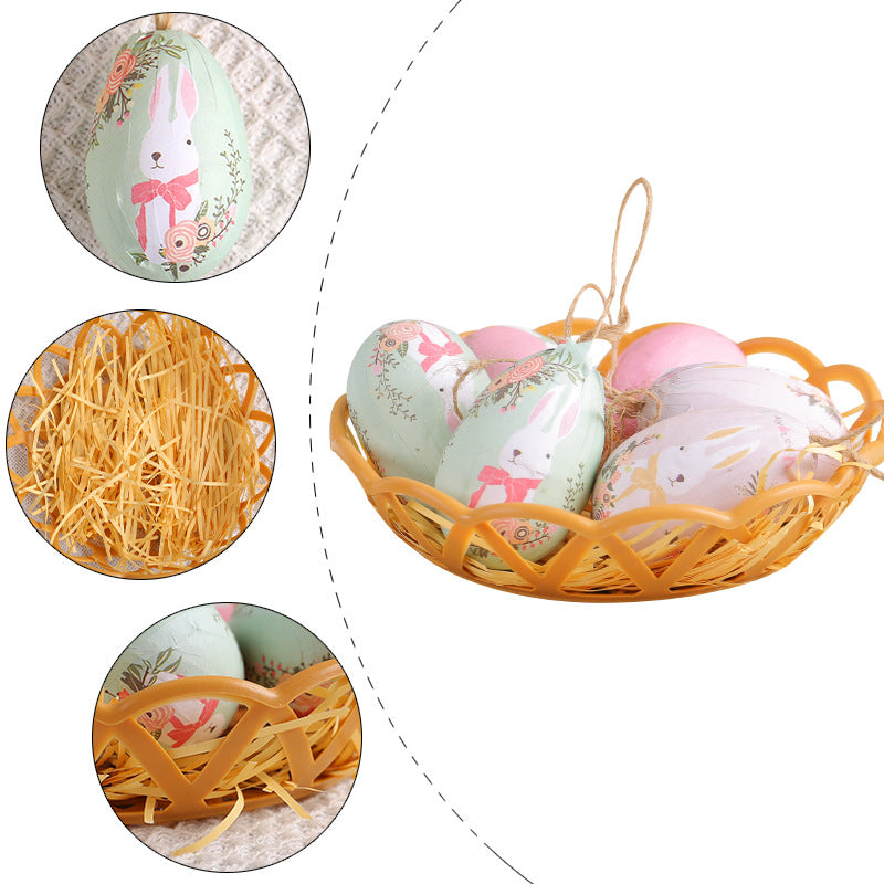 Two Rabbits Five Sets Of Six Each Easter Egg Hanging Ornament Set with Creative Woven Basket - Festive Decor for Home Scenes