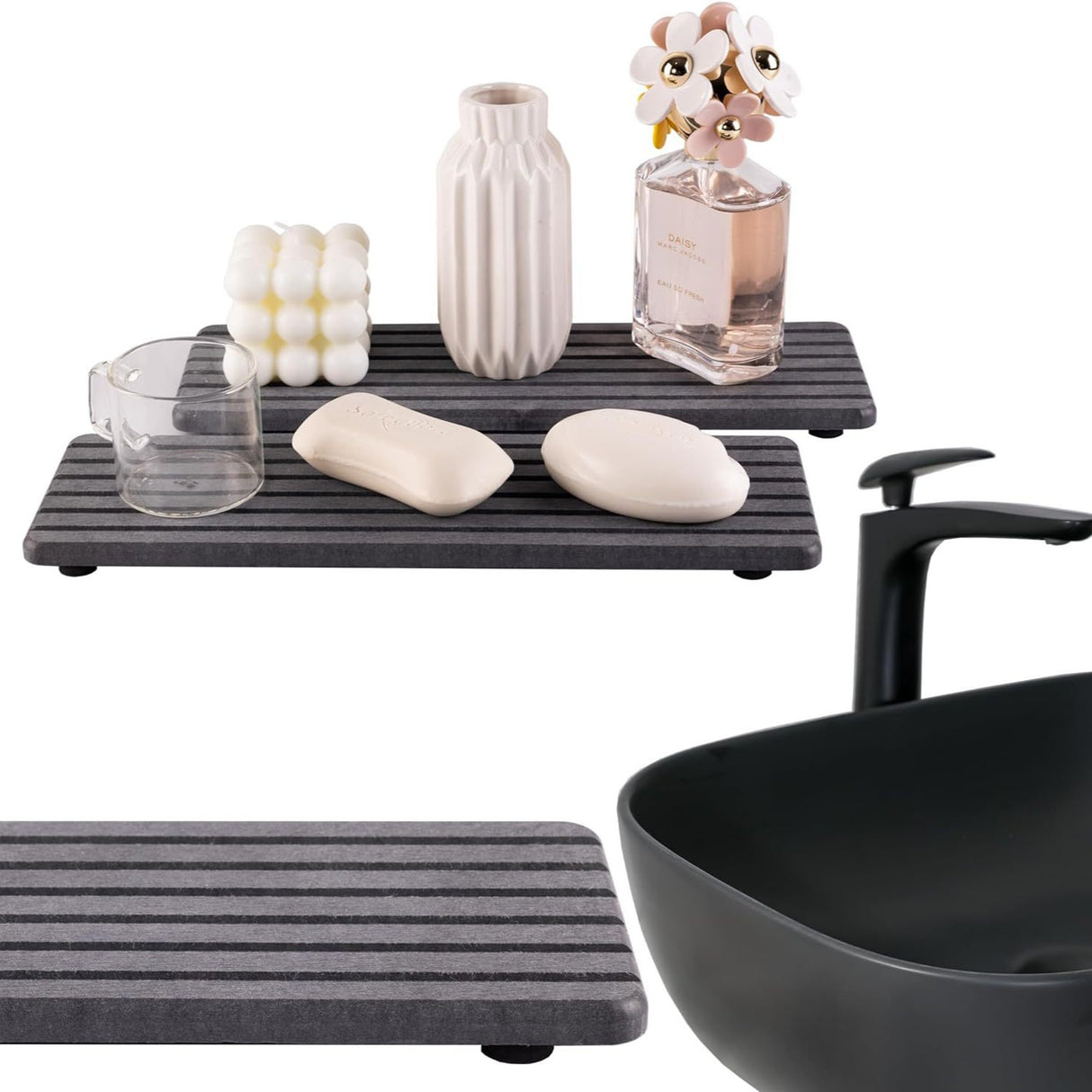 Engraved Inner Frame - White 2-Piece Rectangular Diatomaceous Earth Coaster Set - Absorbent Grooved Mat for Sink and Bathroom