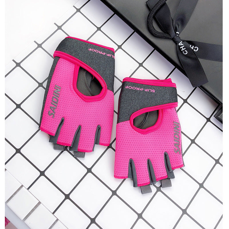 L Rose Red 2-PCS Women's Half-Finger Fitness Gloves - Anti-Slip Breathable Gloves for Yoga, Spin Bike, and Weight Training