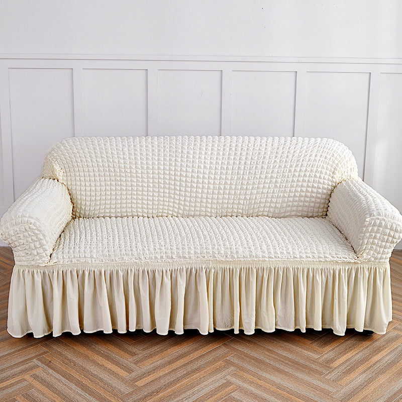 White Double Sofa Bubble Gauze Sofa Cover with Skirt - Full Elastic Dustproof Double Seater 145-185cm
