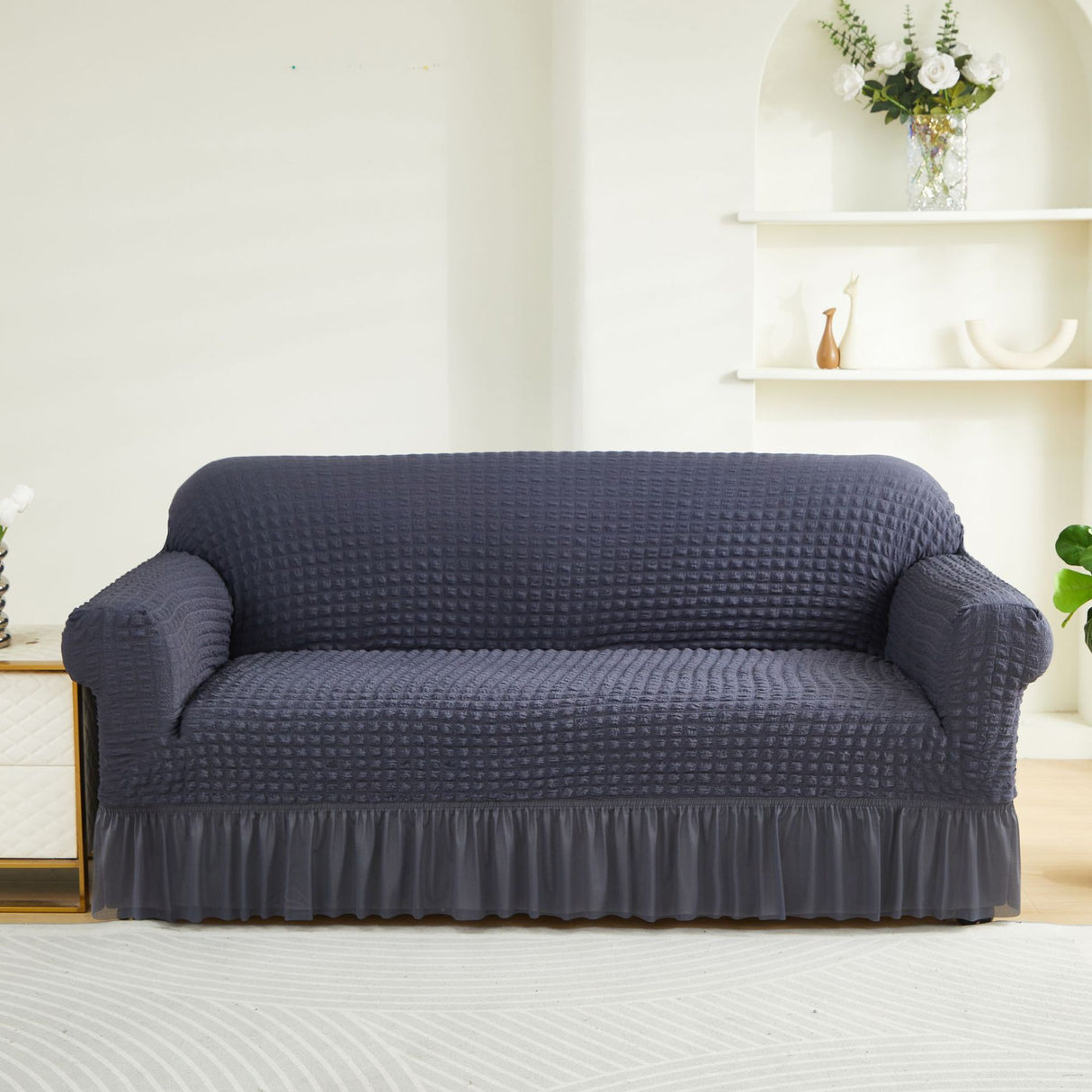 Dark Grey Three-person Sofa Bubble Gauze Sofa Cover with Skirt - Full Elastic Dustproof Three-person Seater 190-230cm