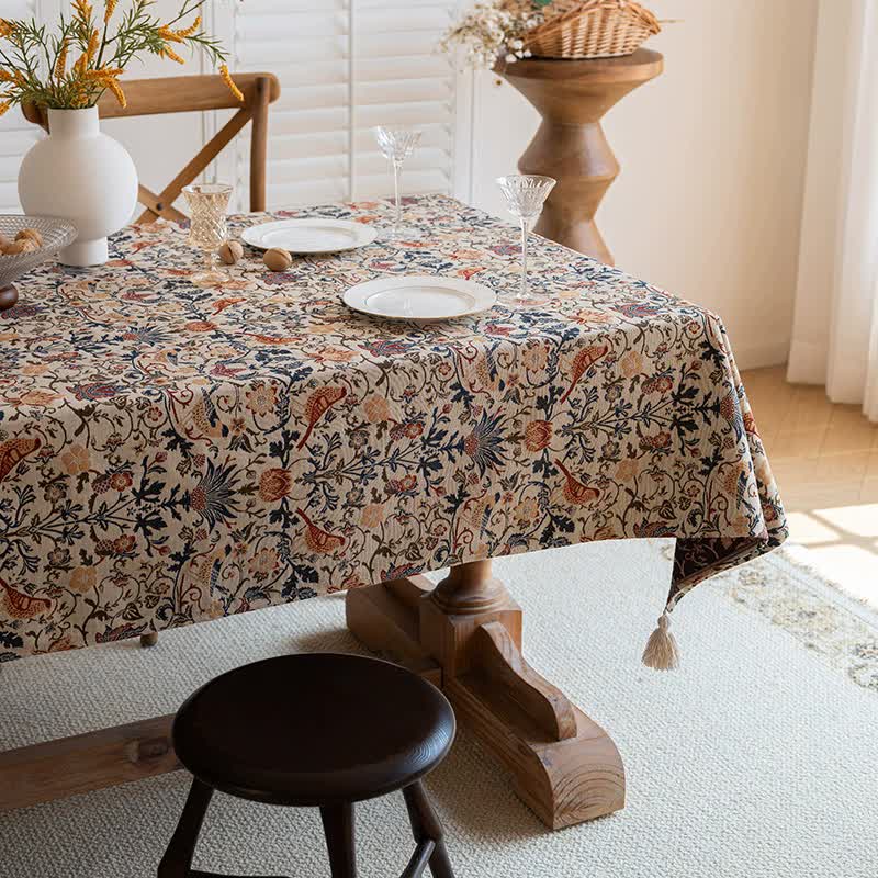 Floral Vintage Bird Tassel Tablecloth | Vintage Cotton and Linen Jacquard Tablecloth, 90x90cm