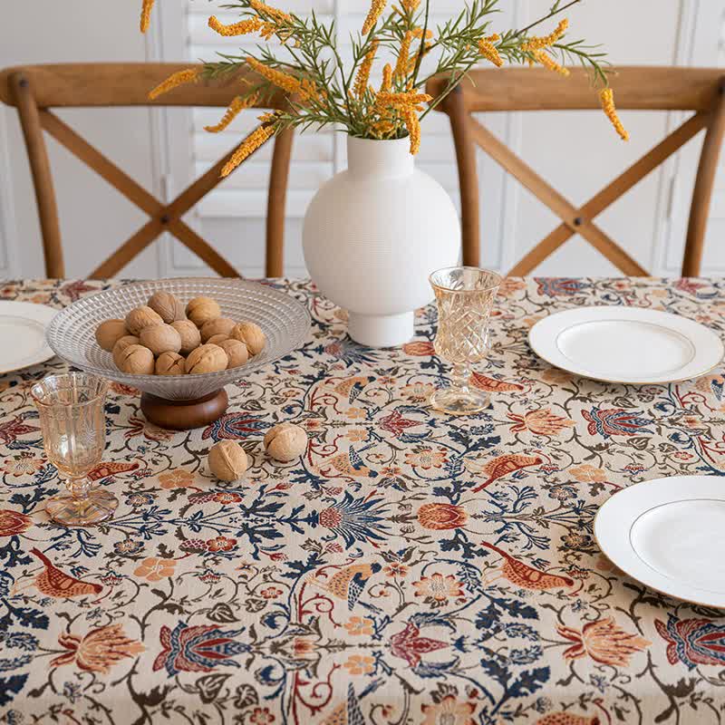 Floral Vintage Bird Tassel Tablecloth | Vintage Cotton and Linen Jacquard Tablecloth, 100*160cm