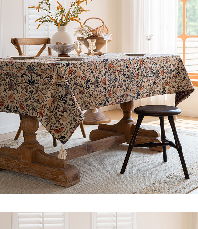 Floral Vintage Bird Tassel Tablecloth | Vintage Cotton and Linen Jacquard Tablecloth, 100*160cm