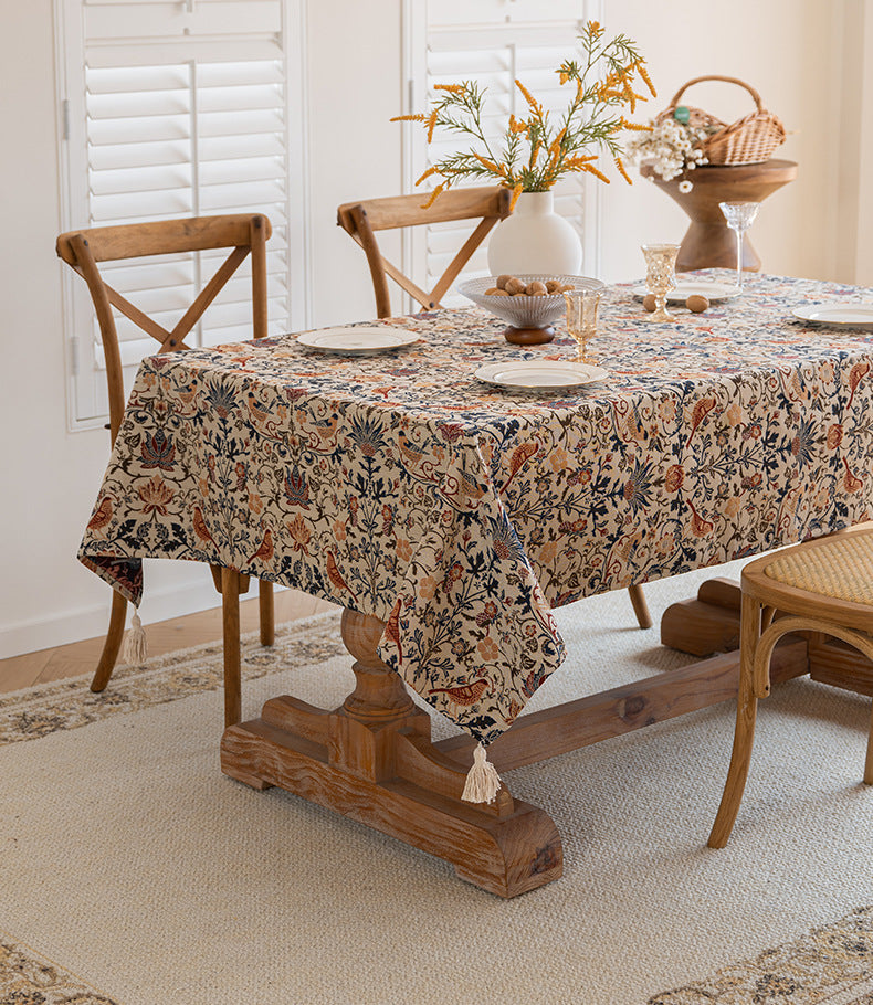 Floral Vintage Bird Tassel Tablecloth | Vintage Cotton and Linen Jacquard Tablecloth, 100*160cm