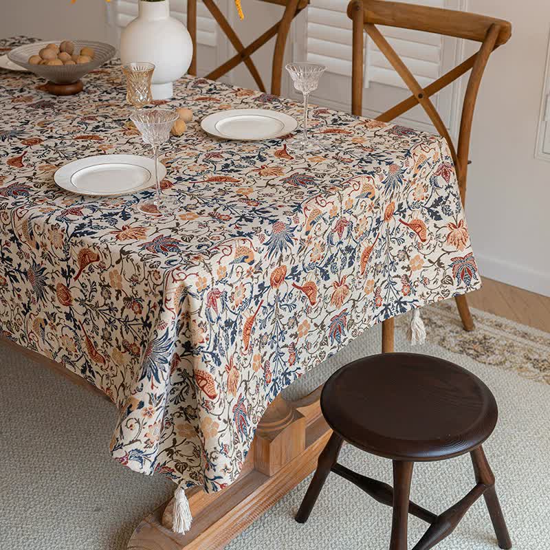 Floral Vintage Bird Tassel Tablecloth | Vintage Cotton and Linen Jacquard Tablecloth, 120*160cm