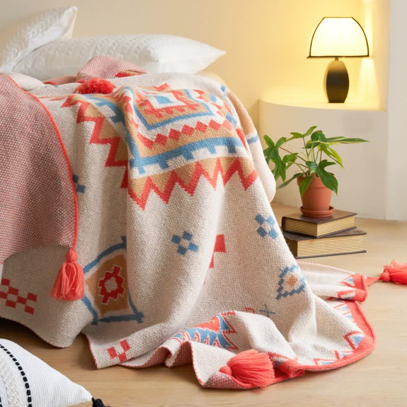 Orange Bohemian Geometric Tassel Throw Blanket ??Soft Cotton Blend for Bedroom, Living Room, and Sofa 110x130cm