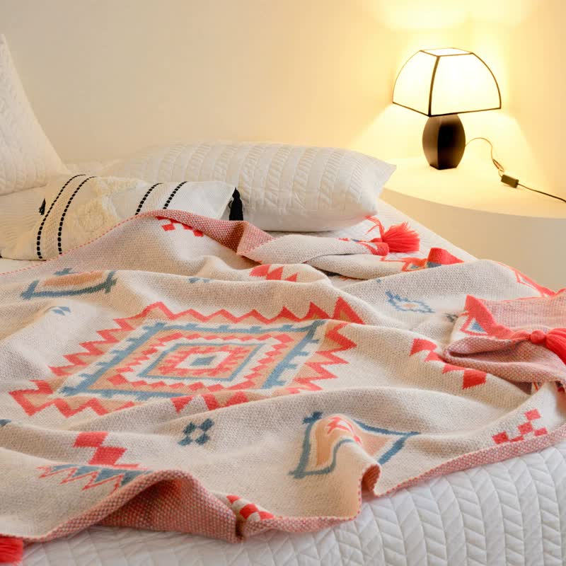 Orange Bohemian Geometric Tassel Throw Blanket ??Soft Cotton Blend for Bedroom, Living Room, and Sofa 110x130cm